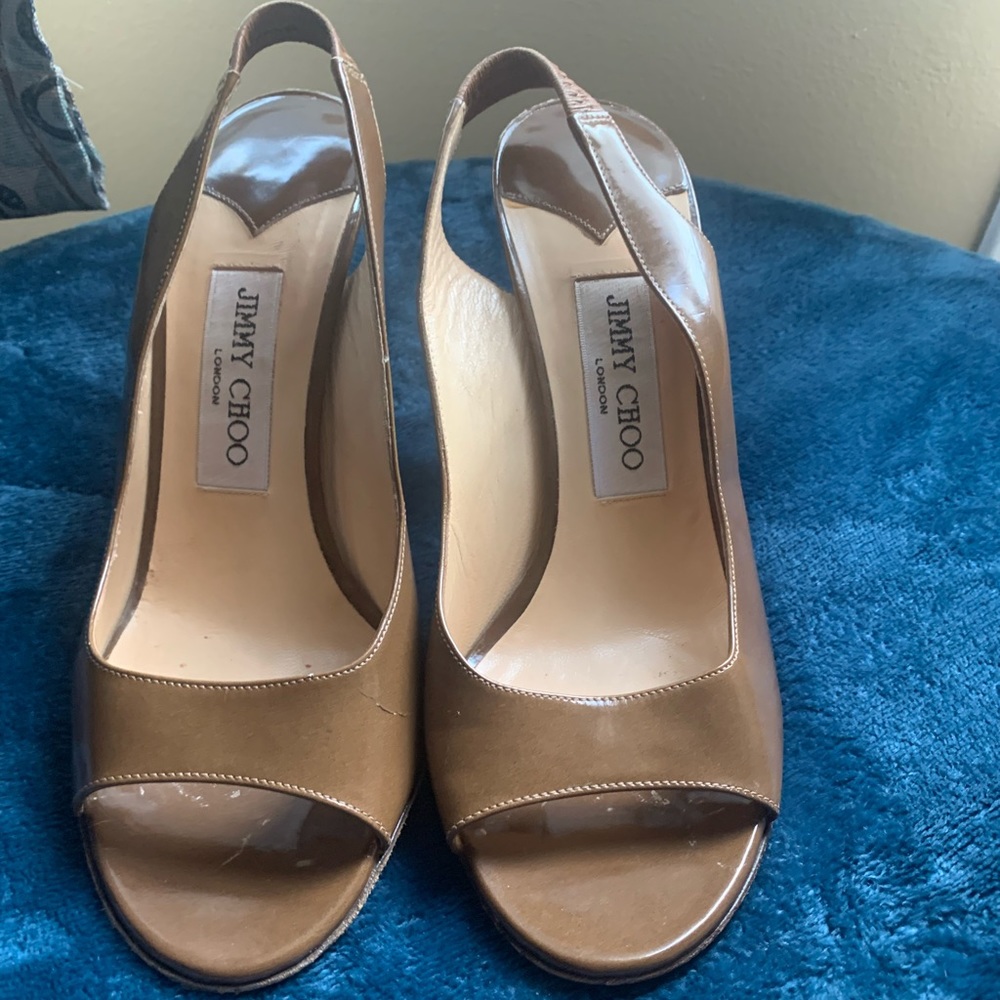 Jimmy Choo Nova Patent Leather Peep Toe Heels size 37 1/2